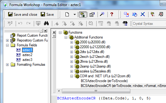 Aztec Code crystal reports formula fields