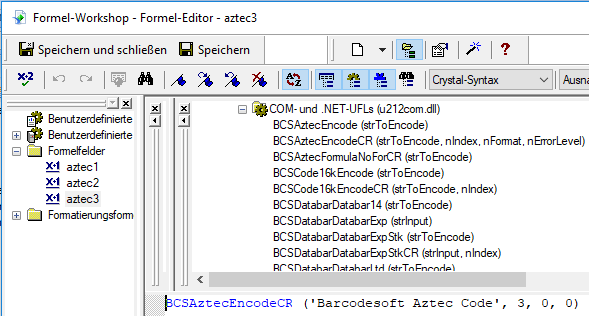 Aztec Code crystal reports formula fields
