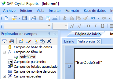 Code39-Extendido código de barras crystal reports fórmula campo