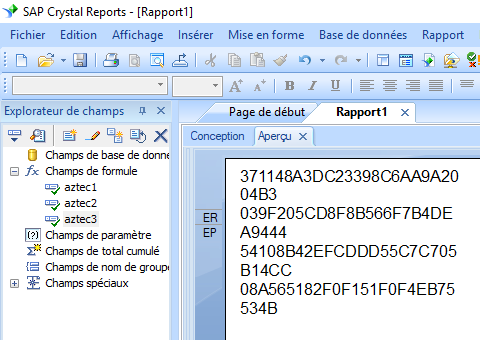 Aztec Code crystal reports champ formule
