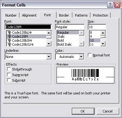 gs1128 barcode font excel