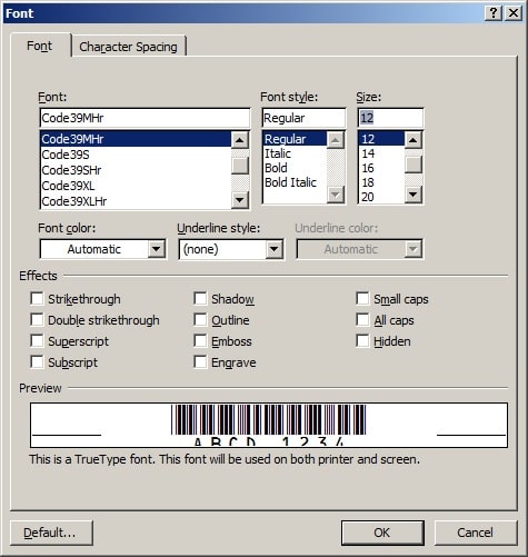 code39 barcode font MS Word